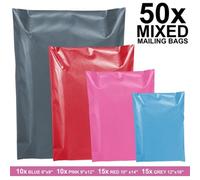 50 Mixed Mailing Plastic Bags Poly Postage Parcel Bag Grey Pink Blue In 4 Sizes