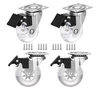 50 mm Caster Wheels Set of 4, Heavy Duty Casters with Brake, Crystal Clear Swivel Plate Castors, No Noise Locking Casters with Transparent Polyurethane (PU) Wheels