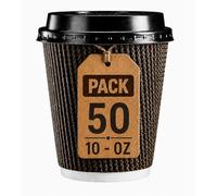 50 Pack 10oz Disposable Coffee Cups with Lids, 300ml Ripple Kraft Triple Wall Insulated Paper Cups, Brown Hot Drink Cups for Tea, Coffee, Cappuccino, Takeaway Use