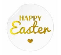 50 Pack 38mm Round White Labels - Shiny Gold Print “Happy Easter” Stickers for Gifts, Crafting & Party Bags