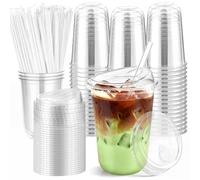 50 Pack 480ml Round-Bottom Clear PP Cups with Sip-Through Lids & Straws | Reusable & Durable Iced Coffee Cups for Smoothies, Juices & Party Catering, Sip-Through Lids for Direct Drinking or Straws