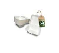 50 Pack 7 x 5 Biodegradable Sugarcane Clamshell Takeaway Boxes 7x5 Inch (21oz / 600ml) | Pack of 50 | Eco-Friendly Disposable Food Containers, Compostable Bagasse, White HP9