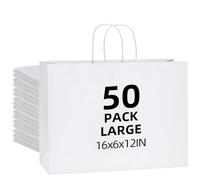50 Pack 71 Lb White Paper Gift Bags Bulk with Handles 16 x 6 x 12 Inch, Blank Paper Bags for To Go, Shopping, Retail, X-Large Gift Bag for Small Business, Weddings, Parties, Birthdays, Festivals