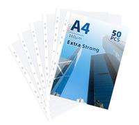 50 Pack A4 Clear Sheet Protectors, 11 Hole Extra Strong 160 Micron Transparent Plastic Sleeves, Document Protectors for 3 Ring Binders, Office School Home