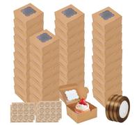 50 Pack Cake Boxes for Cake Portion, Brown Cupcake Boxes with 60 Stickers, 3 Rolls of Ribbon, 4 inch Cupcake Boxes with Windows for Cupcakes Desserts Pastries Cookies Candy Pies