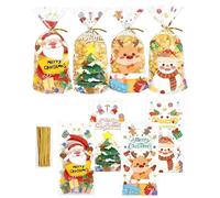 50-Pack Christmas Cellophane Treat Bags with 4 Festive Designs, Clear Cello Gift Bags for Candy, Cookies & Party Favors, Twist Ties Included - Holiday Party Supplies