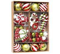 50 Pack Christmas Tree Ornaments Set, Red Gold and Green Shatter-Resistant Ball Decorations, Assorted Shapes with Candy Cane and Santa Hat Designs, Holiday Baubles Collection