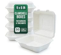 50 Pack Clamshell Takeaway Boxes 9x6 in - Disposable Bagasse Food Container for Fish & Chips - 900ml Microwave Safe Food Packaging Meal Boxes for Parties Picnic Catering Restaurant Office Home