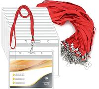 50 Pack Clear Plastic Horizontal Name Tags Badge ID Card Holders and 50 Pack Flat Neck Lanyards with Swivel Hook, Red