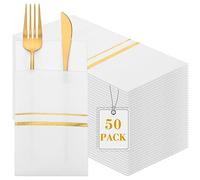 50 Pack Dinner Napkins Disposable Linen Feel Dinner Napkins with Built-in Flatware Pocket Gold Trim Lined Pre Folded Napkins Cloth Like Paper Napkins for Wedding Dinner Party (White,Gold)