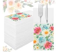 50 Pack Floral Linen-Feel Paper Napkins with Built-in Cutlery Pocket Pre-Folded Disposable Dinner Napkins for Silverware Easter Wedding Baby Shower Birthday Bridal Party(Style 3)