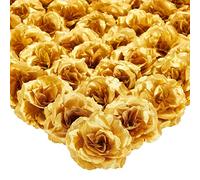 50 Pack Gold Roses Artificial Flowers Bulk, 7.6 cm Stemless Fake Silk Roses for Decorations, Wedding, Faux Bouquets