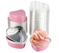 50 Pack Heart Shaped Mini Cake Pans with Lids, Small Disposable Aluminum Foil Cupcake Loaf Pans, Baking Cup Cake Tin Mold for Valentine's Mother's Day Wedding Party Birthdays (Pink, 3.4oz/100ml）