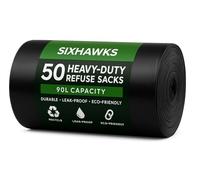 50 Pack Heavy-Duty Refuse Sacks - Durable & Reliable Waste Management Solution Recyclable,Leak Resistant Seal, Eco-Friendly Rubbish Bag Perfect for Household,Office,or Outdoor Use 90L