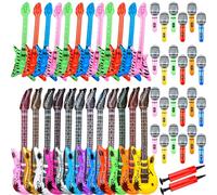 50 Pack Inflatable Rock Star Toy Set includes 12 Pcs Inflatable Guitar 12 Pcs Inflatable bass 24 Pcs Blow up Microphone and 2 Pcs Air Pump for Children Musical Party Favors