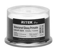 50 Pack Ritek Pro (Professional Grade) CD-R 52X 700MB Watershield Water Resistant Glossy White Inkjet Hub Printable Blank Recordable Disc