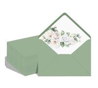 50 Pack Sage Green Floral Pattern Invitation Envelopes 5x7 Inches, V-Flap Water Gummed 150GSM Thick Paper Envelopes for Wedding, Postcards, Greeting Cards & Mailing