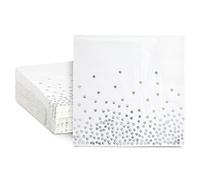 50 Pack Silver Foil Polka Dots Paper Napkins, 6.5 Inch White and Silver Confetti Style Cocktail Napkins for Wedding, Anniversaries, Birthdays, Parties (3-Ply)