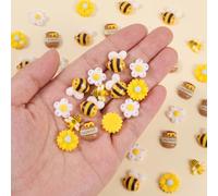 50 Pack Tiny Resin Bees for Crafts, Flatback Plastic Bumble Bee, Daisy Flowers, Honey Jar Embellishments for DIY Wreath Scrapbooking Bee Theme Party Decor