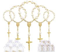 50 Packs Baptism Favors Set Acrylic Baptism Rosary Beads Faux Pearls with Organza Bags Recuerdo De Boda Y Bautizo for Christening Party Favors(Gold Pearl Bracelet)