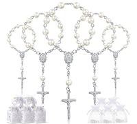 50 Packs Baptism Favors Set Acrylic Baptism Rosary Beads Faux Pearls with Organza Bags Recuerdo De Boda Y Bautizo for Christening Party Favors(Silver Pearl Bracelet)