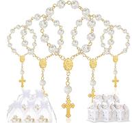 50 Packs Baptism Favors Set Includes Ivory Acrylic Rosary Beads Faux Pearls White Organza Bags with Drawstring Recuerdo De Boda Y Bautizo for Christening Wedding Supplies (Gold Bracelet)