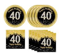 50 Pcs 40th Birthday Plates and Napkins Party Supplies, Back Gold 40th Birthday Party Plates and Napkins Tableware Set for Men Women Cheers to 40 Years Anniversary Decorations (40th)