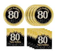 50 Pcs 80th Birthday Plates and Napkins Party Supplies, Back Gold 80th Birthday Party Plates and Napkins Tableware Set for Men Women Cheers to 80 Years Anniversary Decorations (80th)