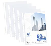50 Pcs A4 Heavy Duty Plastic Punched Pockets, 160 Micron Durable Clear File Binder Poly Pockets, 11 Holes Plastic Wallets for Ring Binder Folders and Document Storage