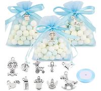 50 Pcs Baby Shower Boys Guests Gifts Baby Shower Charms Blue Organza Bags Blue Ribbon Roll Baby Shower Favours Ideas Presents Christening Party Supplies Set