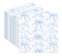 50 Pcs Blue Bow Napkins Coquette Party Supplies Pink Floral Disposable Cocktail Napkins Bow Beverage Serviettes Disposable for Baby Bridal Shower Party Birthday Decoration Favors,5''*5''