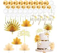 50 Pcs Cake Decorations,Gold and White Cakes Toppers,Boho Cake balls Decorations,Palm Leaf Ginkgo Leaves,Sector & Happy Birthday Plugin,Maple Leaf Fan for Wedding Birthday Anniversary Baby