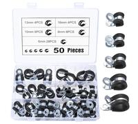 50 Pcs Carbon Steel Rubber Lined P Clips Assorted, Rubber Cushioned R Clamps, Metal Wire Cable Clamps Conduit Clips for Hose Tube - 6mm 8mm 10mm 13mm 16mm