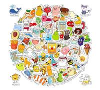 50 Pcs Cartoon Food & Animal Vinyl Stickers Pack - Cute Colorful Design for Laptop, Water Bottle, Suitcase, Skateboard, Journal
