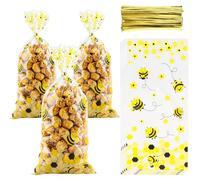 50 Pcs Cellophane Treat Bags Little Bee Cellophane Candy Cookies Gift Bags 5"X10.8" with Twist Ties for Snack Bakery Birthday Wedding Party
