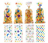 50 Pcs Cellophane Treat Bags Rainbow Star Printed Cellophane Candy Cookies Gift Bags 5"X10.8" with Twist Ties for Snack Bakery Birthday Wedding Party