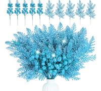 50 Pcs Christmas Glitter Branches Christmas Glitter Berries Stems and Christmas Glitter Artificial Pine Needles Artificial Christmas Fake Floral Twig for Christmas Home Party Decor (Blue)