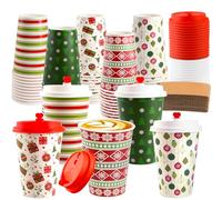 50 Pcs Christmas Hot Coffee Cups with Lids, 12 Oz Christmas Disposable Paper Cups with Lids and Sleeves, Xmas Paper Cup for Hot Cold Drinks Hot Cocoa Drinking Xmas Holiday Winter Party Supplies