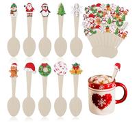 50 PCS Christmas Wooden Spoons Set Hot Cocoa Stirring Spoons Snowflake Gingerbread Man Snowman Candy Cane Spoon for Winter Tasting Bar Supplies Cake Coffee Ice Cream Xmas Flatware, 10 Styles
