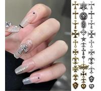 50 Pcs Chrome Hearts Nail Charm, Metal Punk Nail Decorations, Retro Cross Shape Nail Decoration, 3D Nail Art Accessories, Nail Decorations for Manicure Nail Art Craft DIY