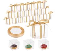 50 Pcs Clear Favour Boxes with Gold Gift Ribbon,3x3x3 Inches Plastic PVC Transparent Cube Boxes for Weddings and Birthday Party