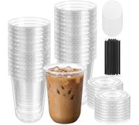 50 Pcs Clear Plastic Cups with Lids and Paper Straws, 480ml Reusable U-Shaped Smoothie Cups, BPA-Free PET Iced Coffee Tumblers, Elegant Cold Drink Glasses Milkshake for Parties, Catering & Cafes