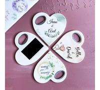 50 pcs Custom Wedding Favor Heart Magnets and 200 pcs custom stickers, Personalised Bottle Openers for Save The Date, Wedding Shower or Wedding Ceremony Stickers