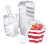 50 Pcs Dessert Cups with Lids and Spoons 115ml/4oz Square Dessert Cups Set Reusable Plastic Dessert Pots for Dessert Pudding Mousse Ice Cream Cheesecake