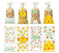 50 Pcs Easter Cellophane Bags, Easter Sweet Bags, Clear Treat Sweet Goody Bag with Gold Metal Tie Straps, Wrapping Sweets Bag for Party Hampers, Chicks Bunny Patterns for Gift Packaging Party Favors