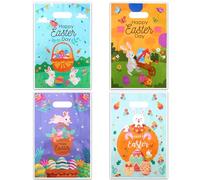 50 PCS Easter Plastic Treat Bags with Die-Cut Handles, 4 Cute Bunny Egg Basket Patterns Goodie Bags, Happy Easter Candy Bags for Party Favors, Holiday Decor, Gift Wrapping