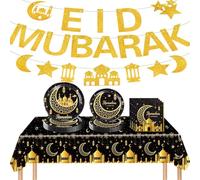 50 PCS Eid Tableware Set,Eid Mubarak Banner,Black Gold Glitter Tablecloth Paper Plates Napkins,Eid Decorations for Home,Star and Moon for Eid Ramadan Party Decorations Supplies