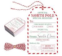 50 Pcs from Santa Gift Tags, Christmas Gift Tags with String for Kids, Personalized Santa Wrapping Paper Label from North Pole, Holiday Christmas Wrapping Tag for Presents Gifts Wrap