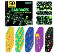 50 Pcs Glow in the Dark Bandages Waterproof Bandages, One Size Fits All for Kids and Adults, 5 Styles Adhesive Bandages for Minor Cuts, Scratches, Wounds and First Aid