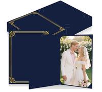 50 Pcs Gold Border Photo Insert Blue Paper Frame Note Cards Hot Stamping Wedding Birthday DIY Picture Frames Festival Back to School Photo Folders for 4x6/5x7 Pictures